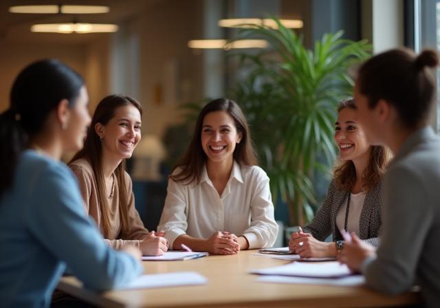 Photo showing a group of diverse professionals smiling and collaborating around a table during a workshop.