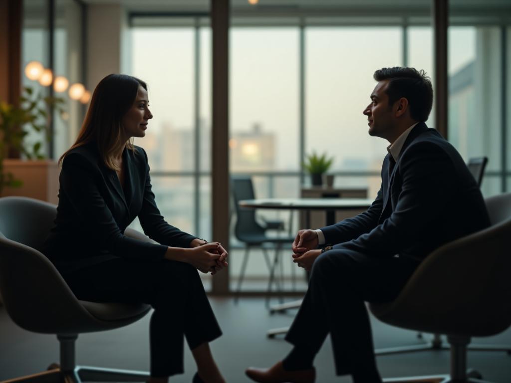 Image of a professional conducting an interview in a modern office setting.